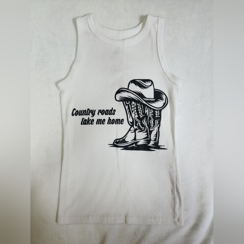 White Kids Tank Top with Cowboy Print